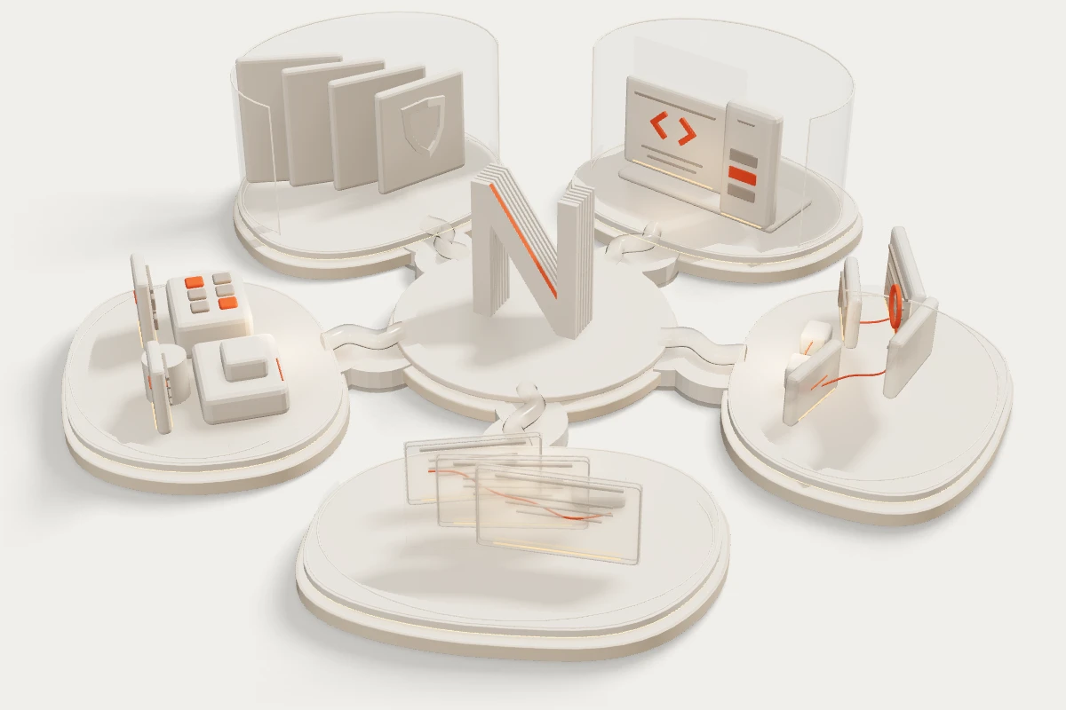 Five illustrative technology spaces surround a layered NovaGrex N, connected by clear white channels.